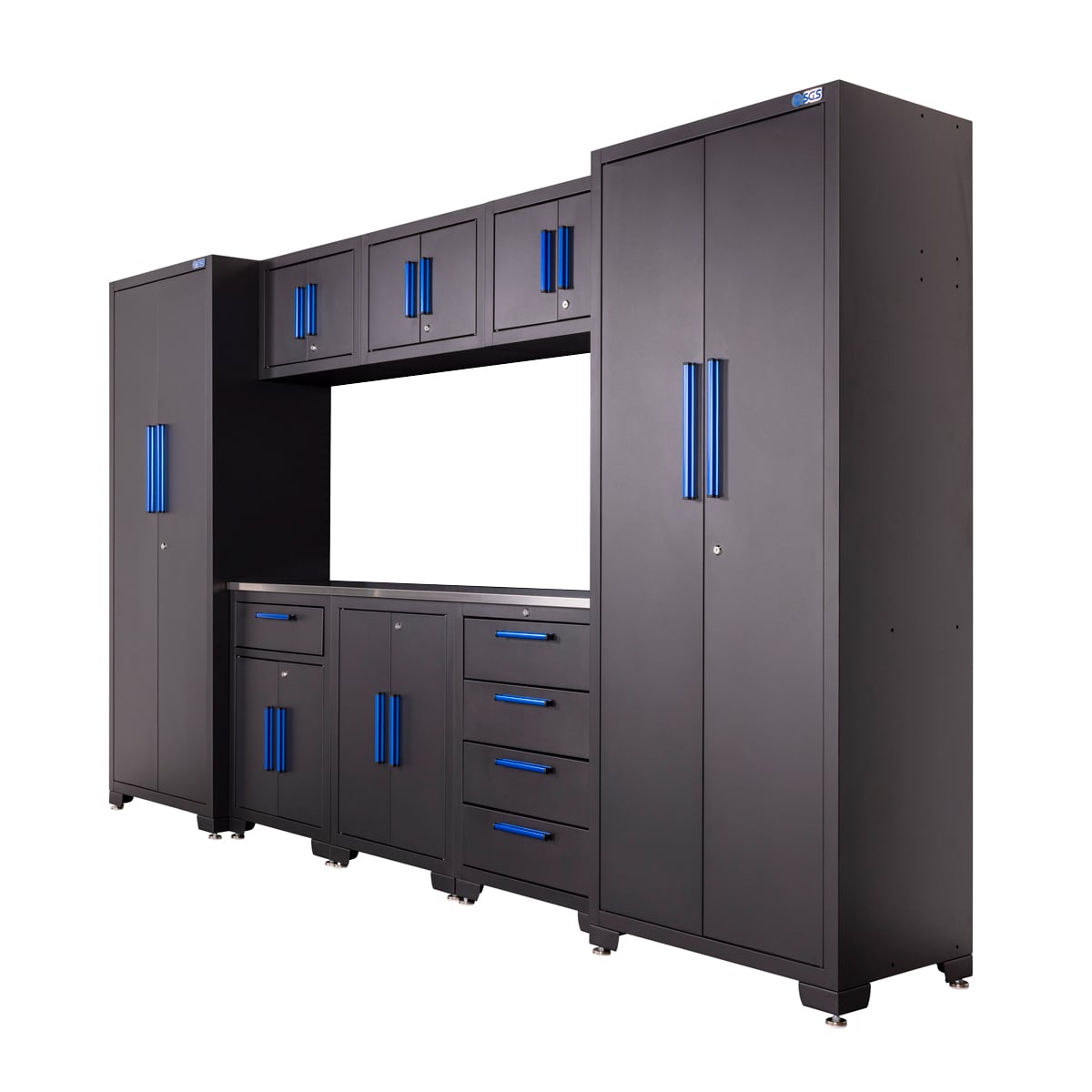 SGS 9pc Garage Storage System | Stainless Steel Worktop | 3x Floor Cabinets | 3x Upper Cabinets | 2x Tall Double Side Cabinets
